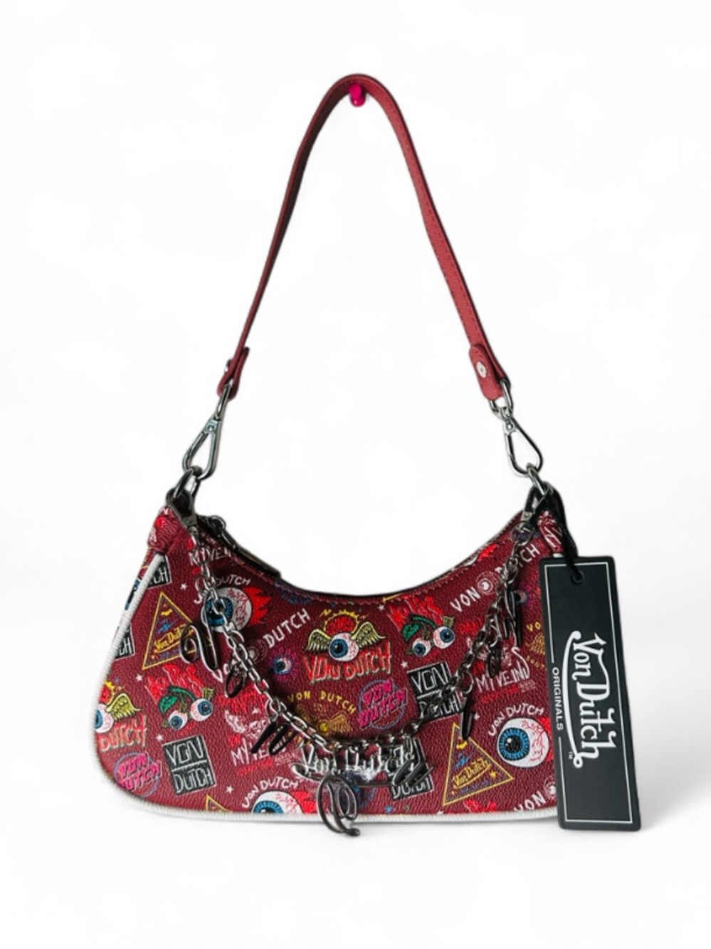 🆕👁️ Von Dutch Jax All Over Shoulder Bag With Chain Charm NWT